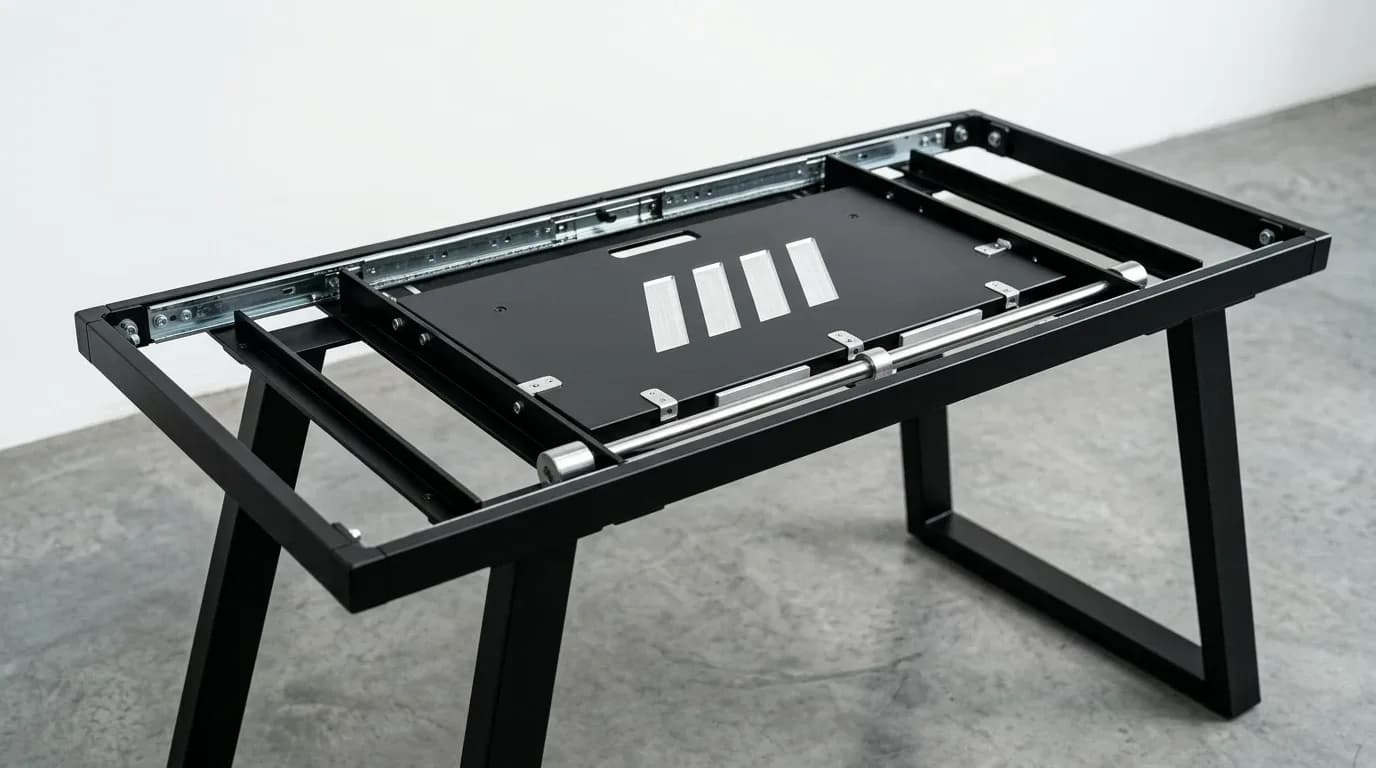 Dynamics Block table mechanism with legs fitted: motion, synchronised rails and body in one unit